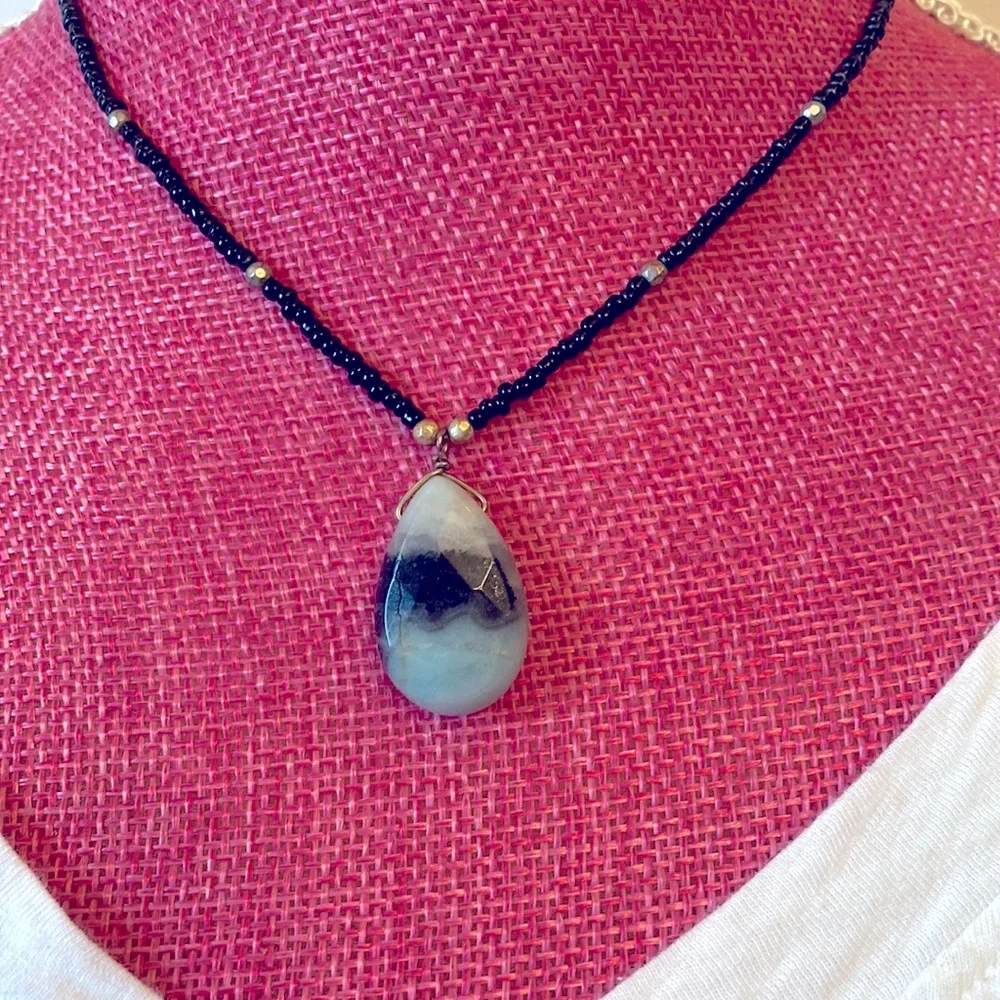 Black Beaded Necklace with Light Blue Stone Pendant - Picture 2 of 4